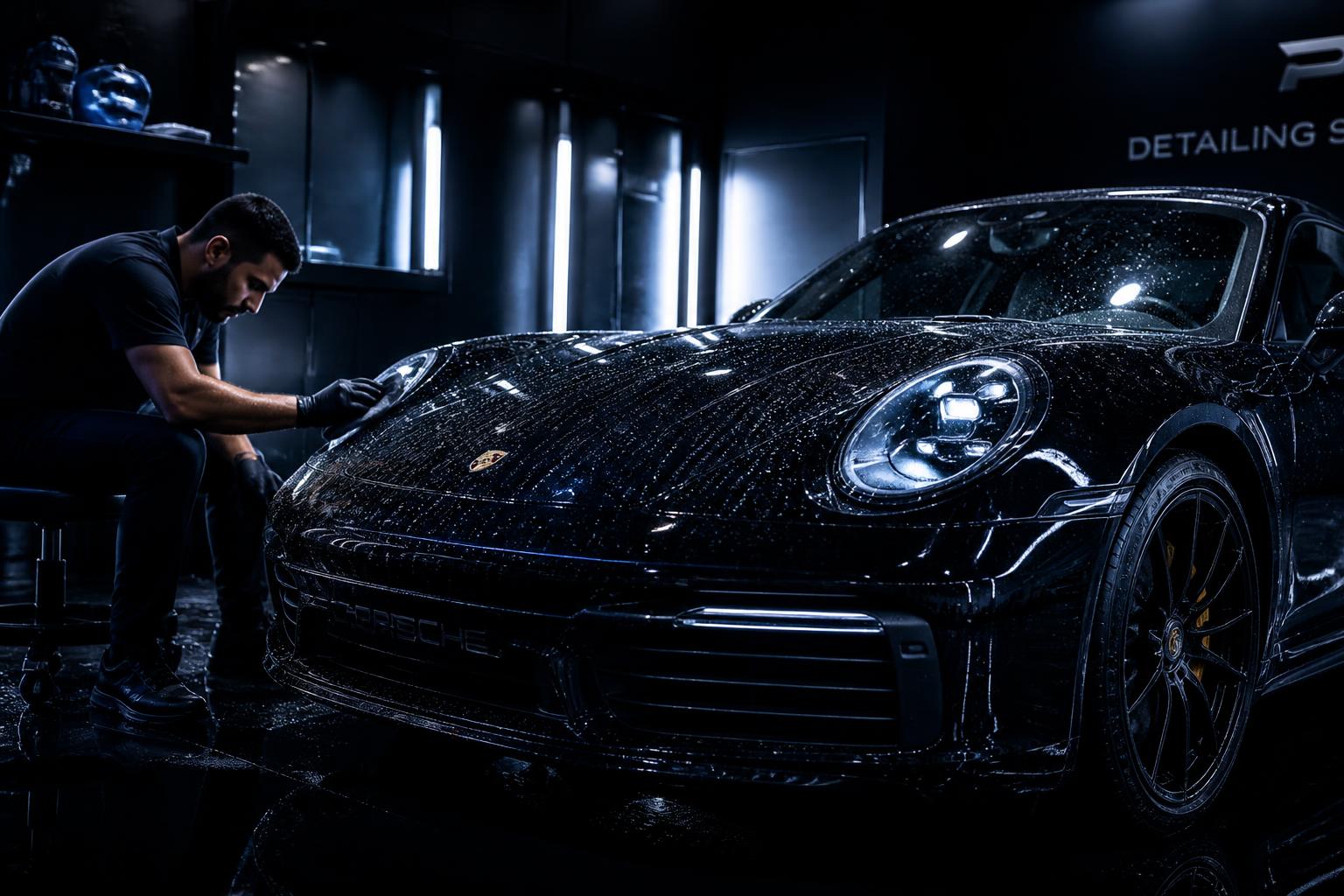 Glossy black sports car being detailed under studio lighting